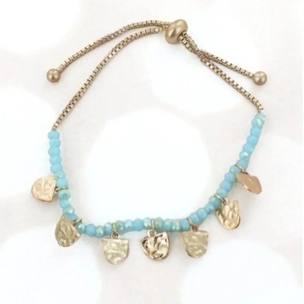 AQUA GLASS BEADED GOLDTONE CHARM BOLO BRACELET - Picture 1 of 3